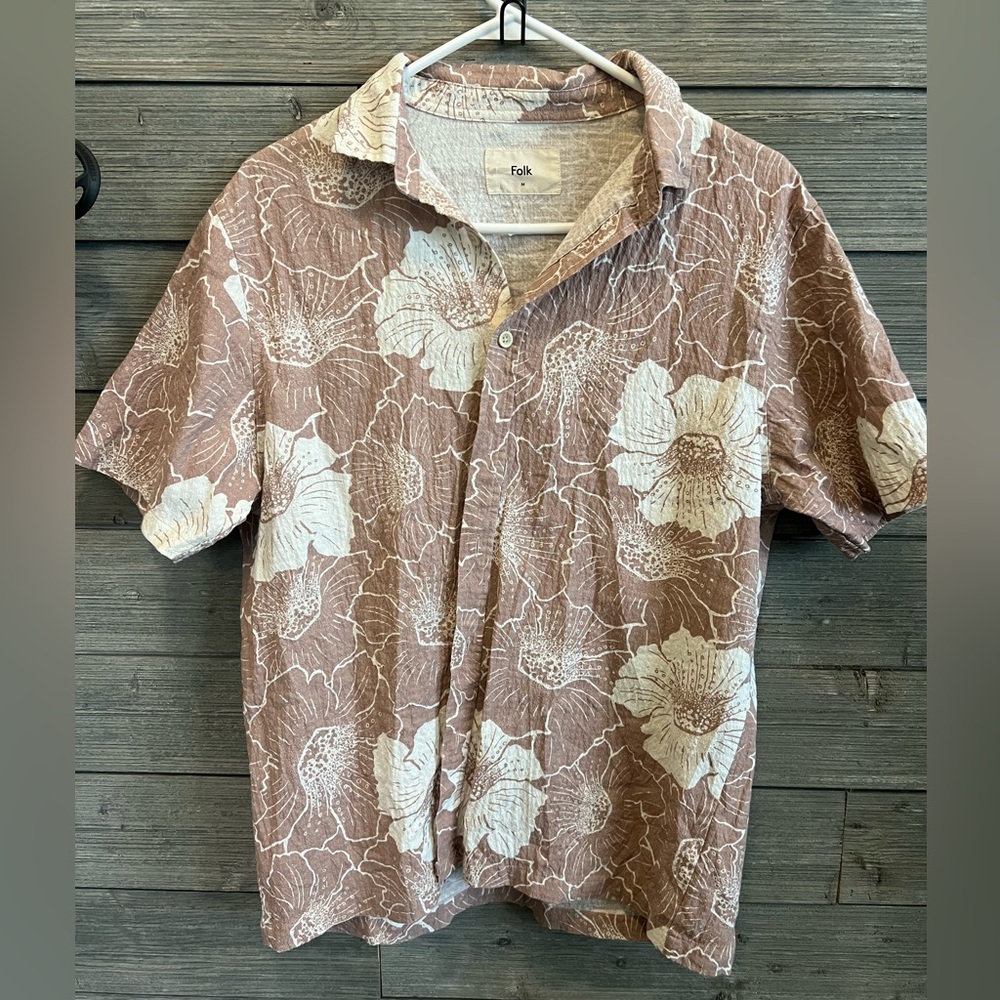 Folk Short-Sleeve Floral Button-Down Shirt - Taupe & White